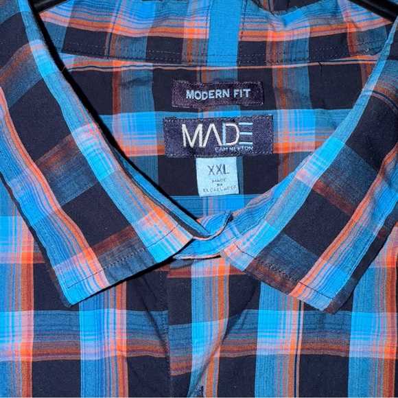 Made Cam Newton Men's 2XL L/S Button up Blue Orange Plaid Shirt‎ Modern Fit - Picture 3 of 7